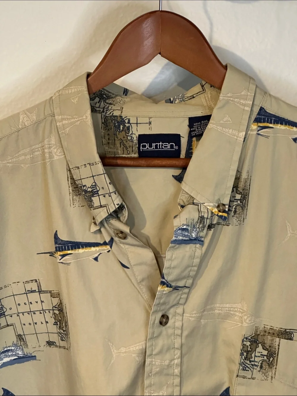 VTG Puritan Short-Sleeve Button-Down Shirt with Navy & Cream Nautical